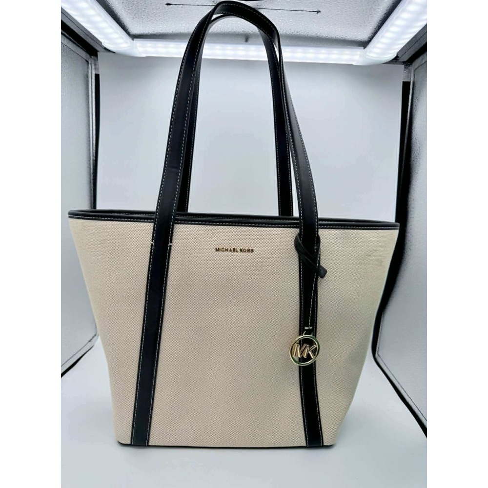 Michael Kors Jet Set Travel Tote Cream Canvas Black Leather Bag 30S4GTVT7C